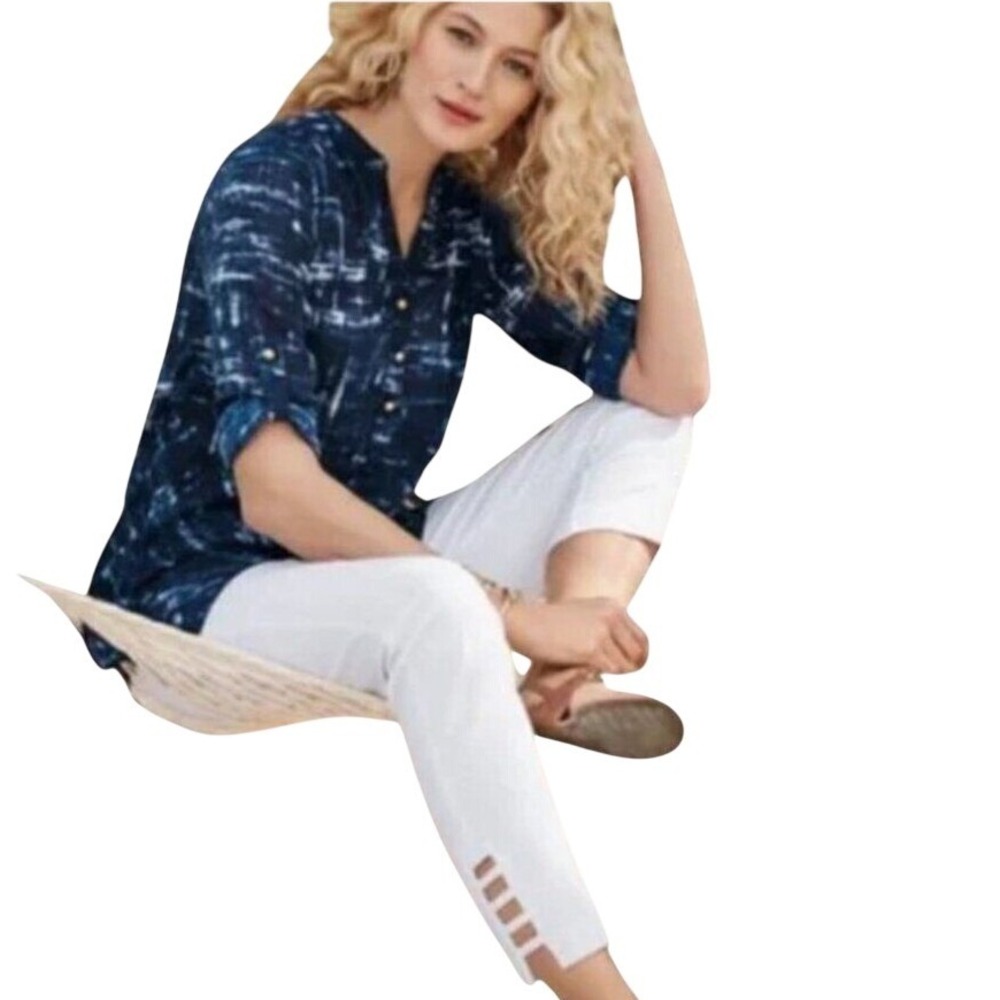 Soft Surroundings White Pull On Cropped Pants Ladder Lattice Hem Ankle M